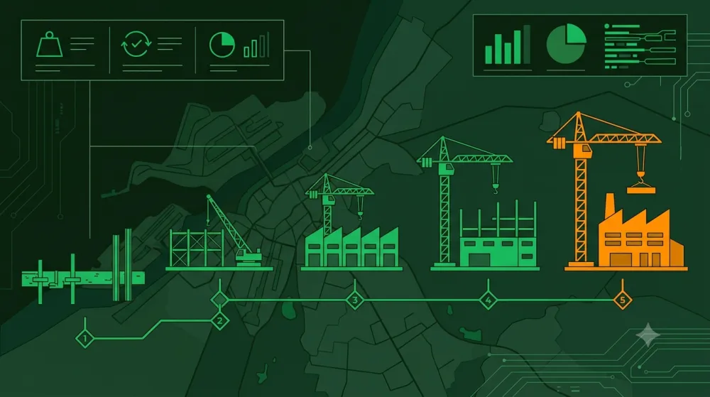 Timeline of construction milestones, from structure to completed site