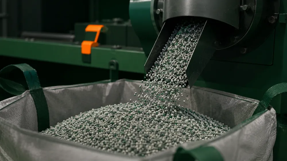 Recycled pellets pouring into a big bag at the line outlet