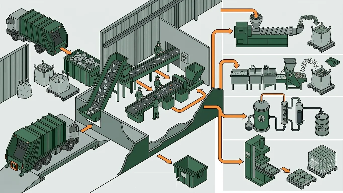 Schéma de l’usine multi-flux : réception, tri et transformation en quatre lignes de produits