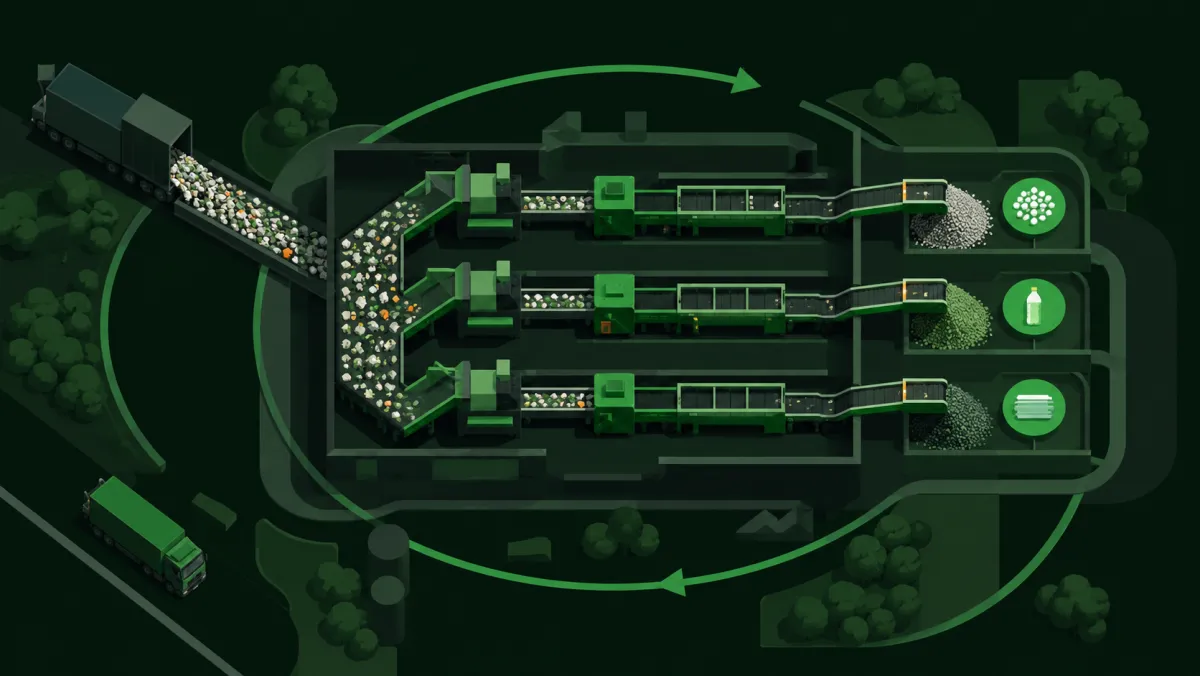 Schéma de l’usine tri-flux : réception, tri et transformation en trois lignes de produits