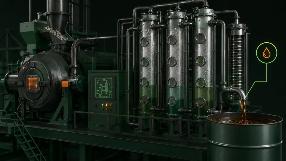 Pyrolysis unit: condensers and oil draw-off into a drum
