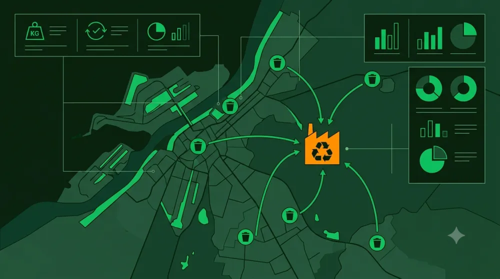 Carte schématique des flux de collecte vers l’usine, avec indicateurs de suivi