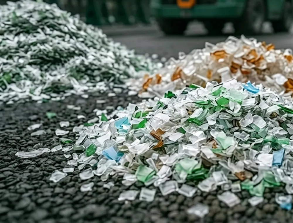 Paillettes de PET recyclé lavées et calibrées, en tas au poste de sortie