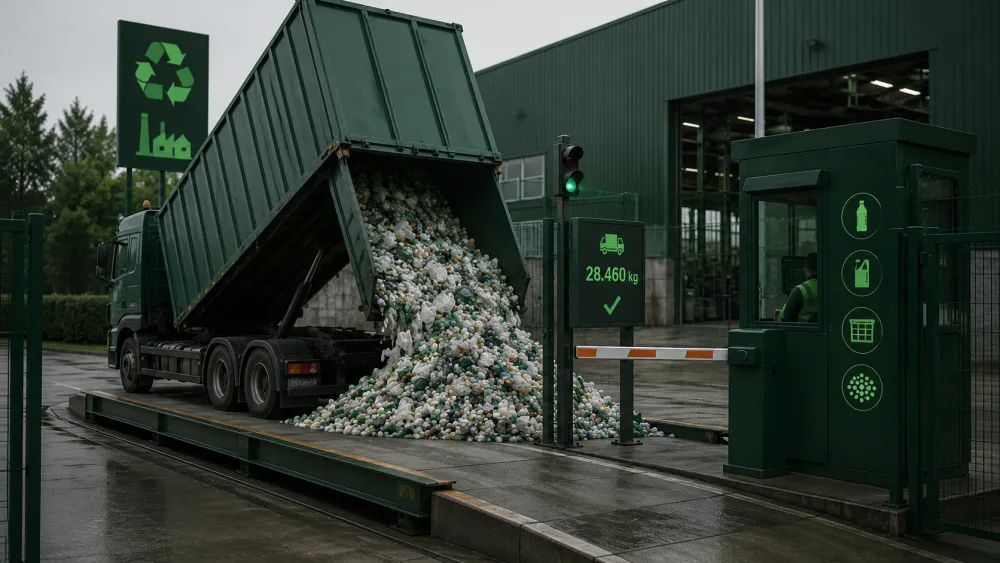 Camion déversant des déchets plastiques triés au poste de pesée